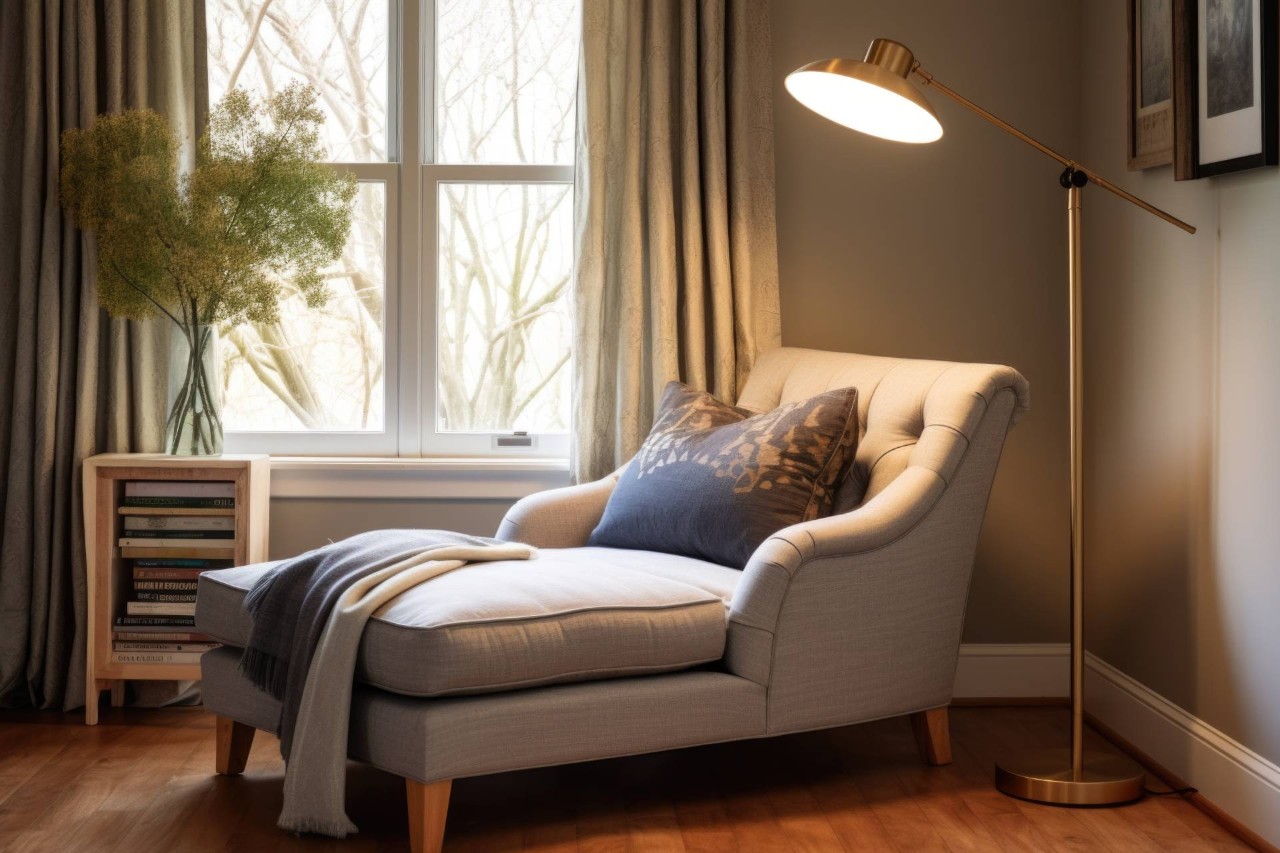 Home reading nook with a comfortable chair and bright lamp by a window near Campbell, CA
