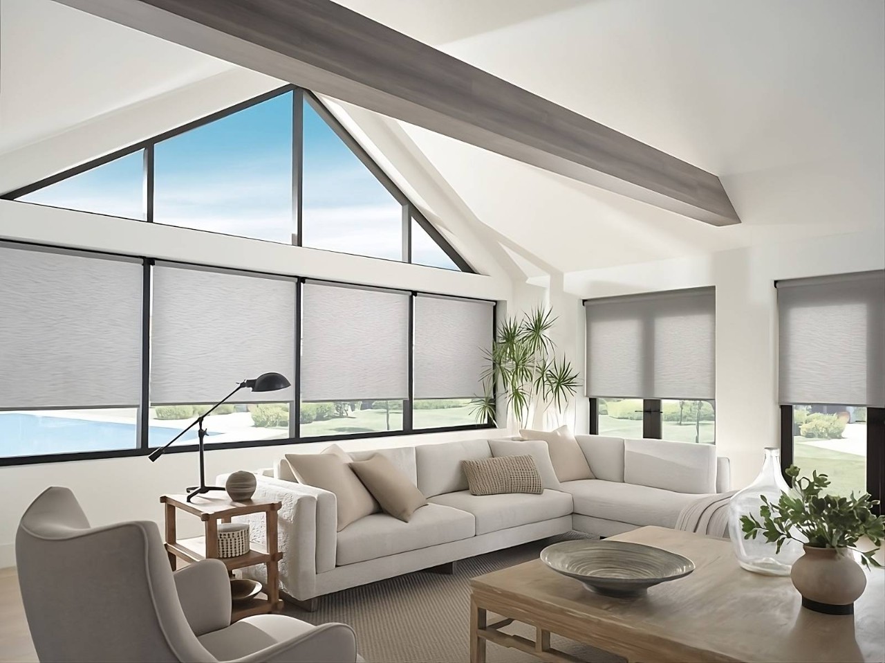Hunter Douglas Designer Roller Shades in a cozy living room at Blinds N’ Shades Express near Campbell, CA