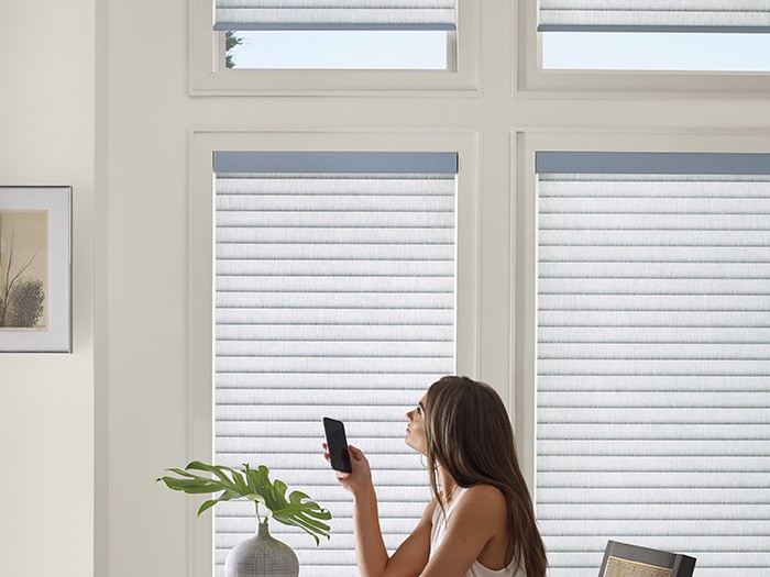 Woman using remote to control smart shades in daylight